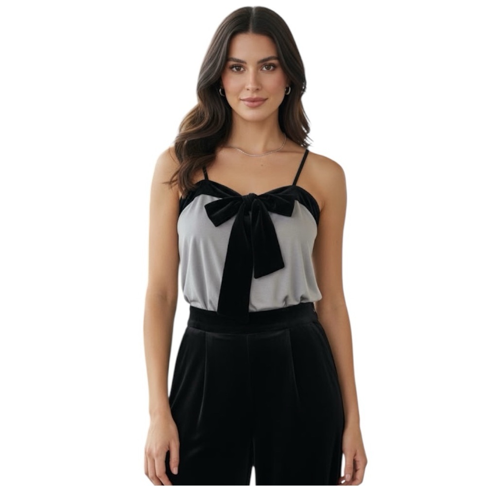 Club Monaco A Line Cami Tank Top Black Velvet Trimmed Sleeveless Grey Camisole L